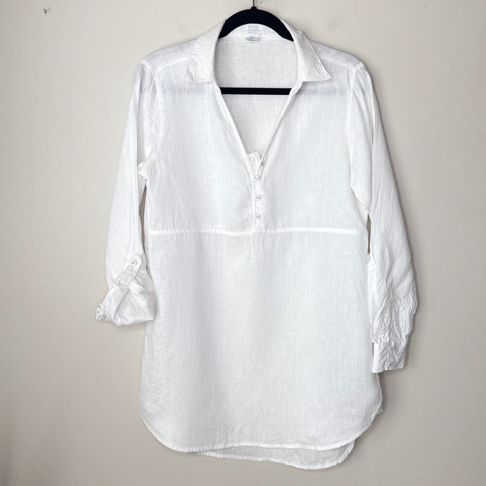 Sigrid Olsen 100% Linen White Roll-Tab Sleeve Collared V-Neck‎ Tunic Top Small